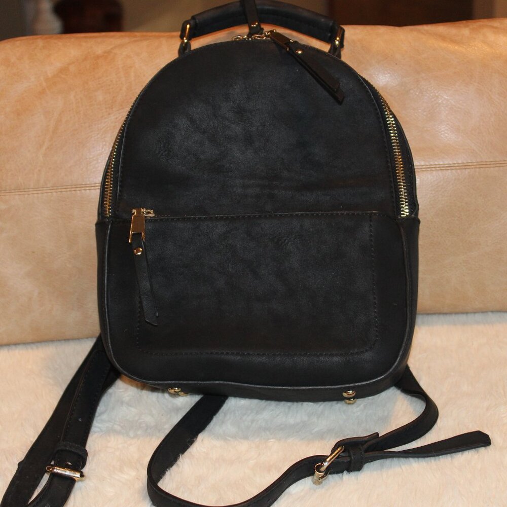 Structured Mini Backpack - Travel minimalistic Gold Hardware Black Faux Leather